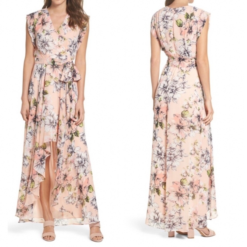Eliza J Blush Floral Chiffon Ruffle Surplice High Low Maxi Dress 10 Romantic